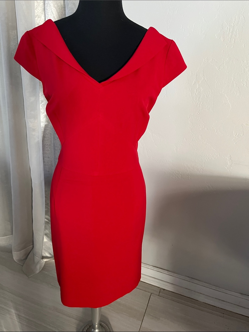 Red Midi Sheath Dress with Folded V-Neckline